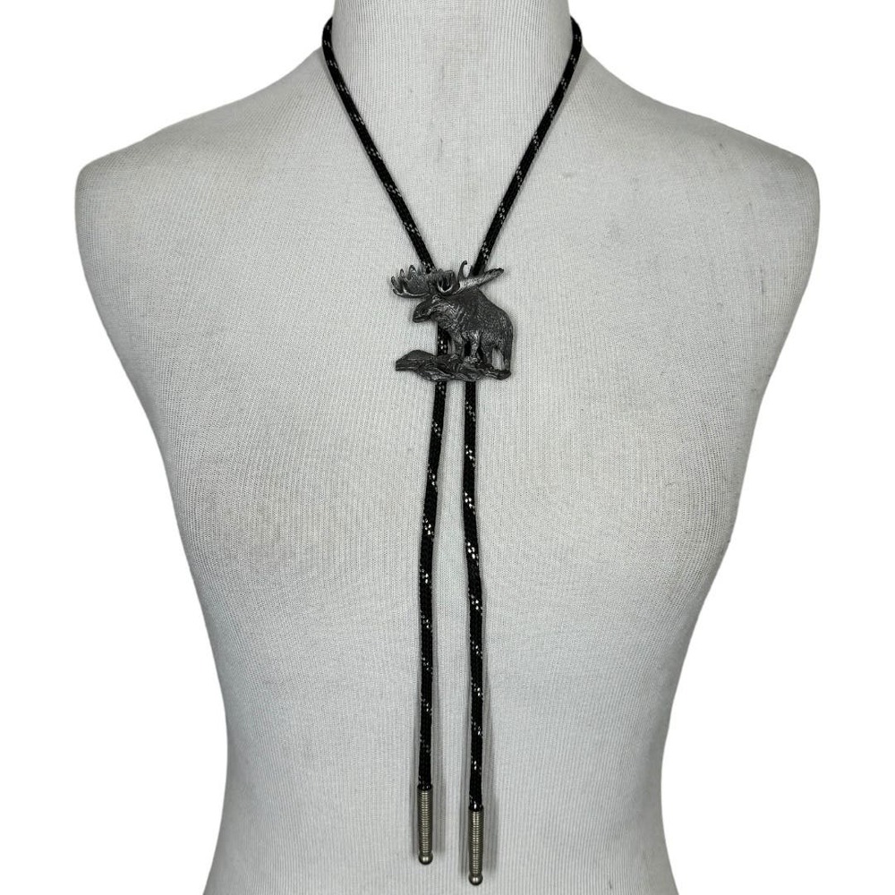 Boho Western Moose Bolo Tie Black Silver Necklace Accessory Cowboy Rodeo